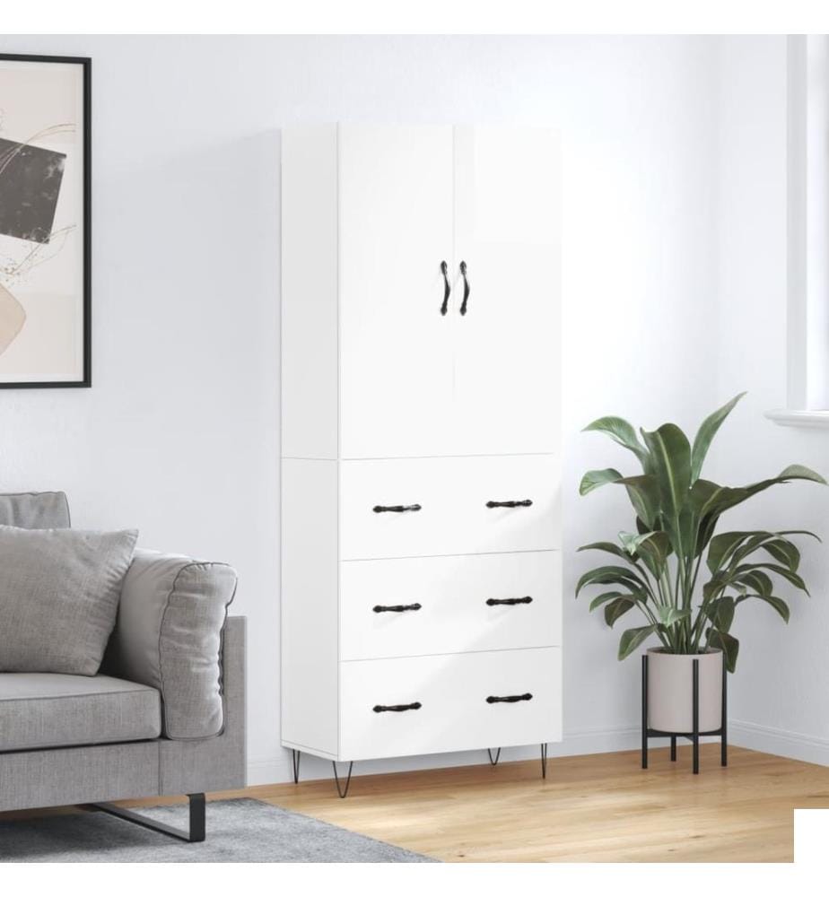 Buffet haut Blanc brillant 69,5x34x180 cm Bois d'ingénierie