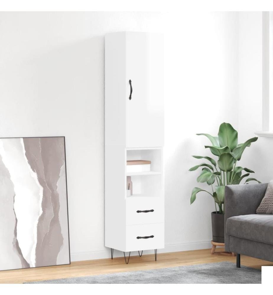 Buffet haut Blanc brillant 34,5x34x180 cm Bois d'ingénierie