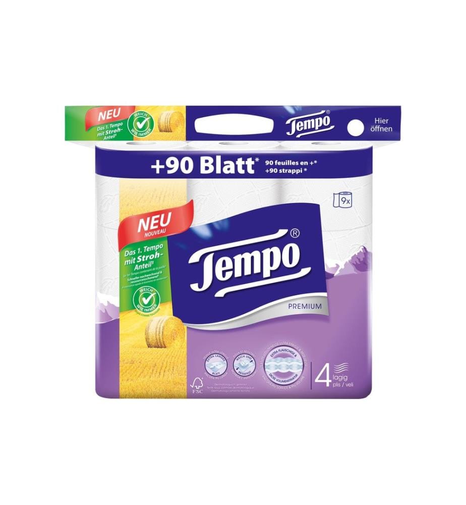 TEMPO - Papier toilette Premium 9 rouleaux, 4 plis, Blanc