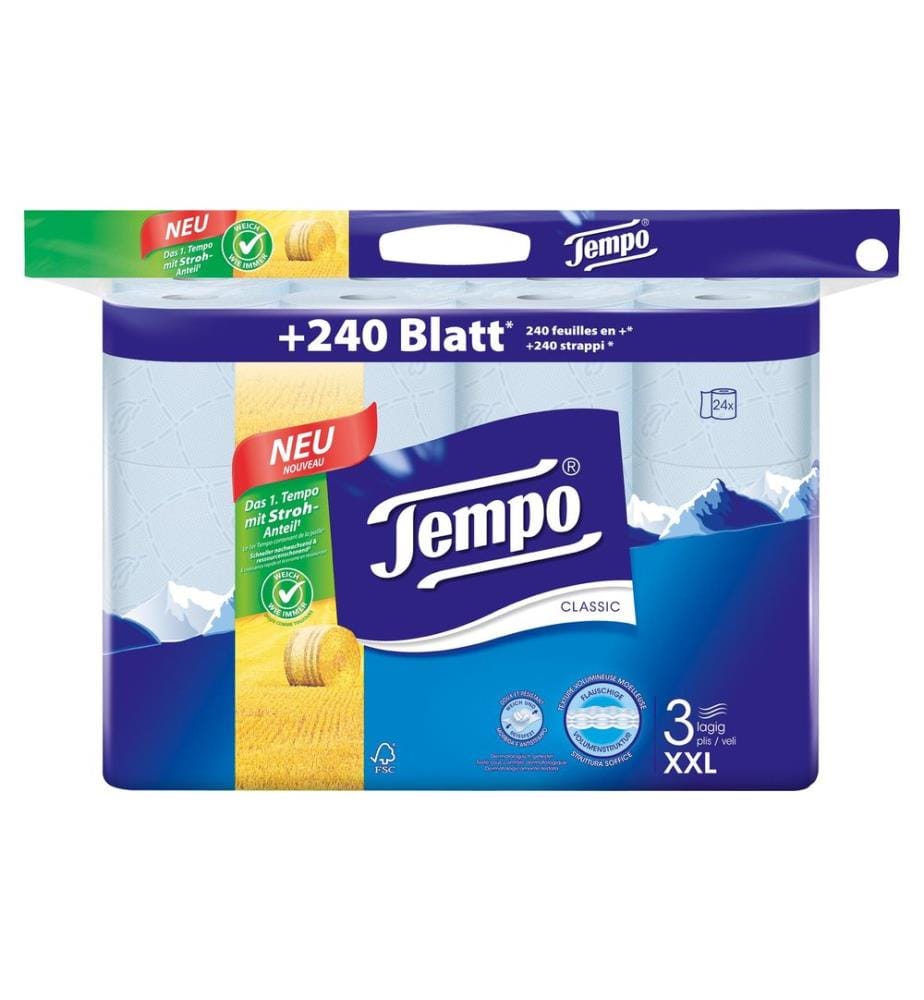 TEMPO - Papier toilette Classic 24 rouleaux, 3 plis, bleu