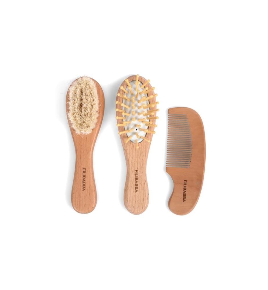 Filibabba - Brosses et peignes pour bébé Lot de 3 en bois Marron