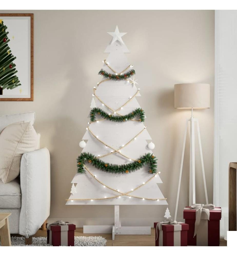 Arbre de Noël en bois pour décoration blanc 150 cm pin massif