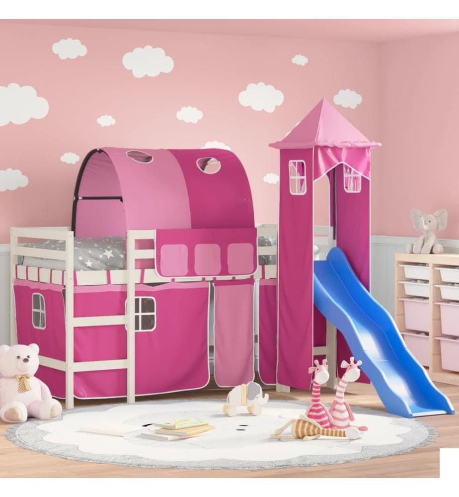 Lit mezzanine enfants avec tour sans matelas rose 80x200 cm