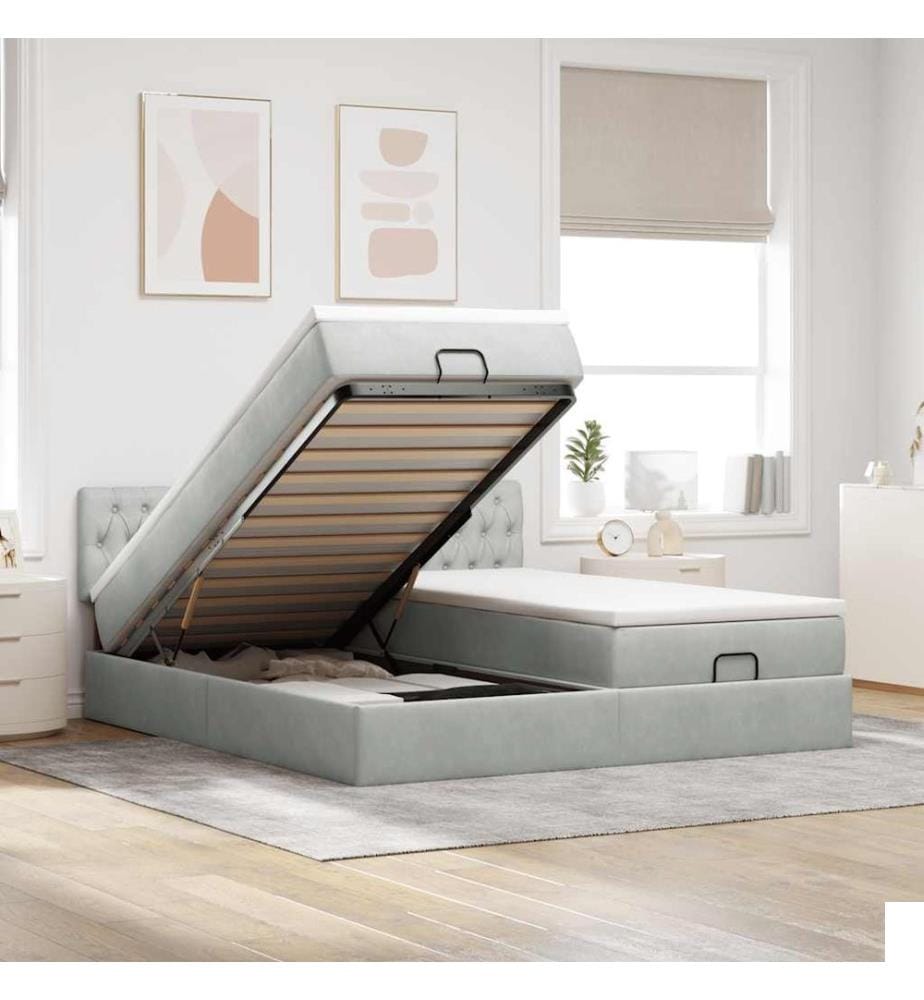 Cadre de lit ottoman et matelas gris clair 160x200cm velours