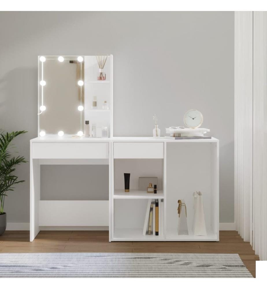 Coiffeuse à LED avec armoire Blanc Bois d'ingénierie