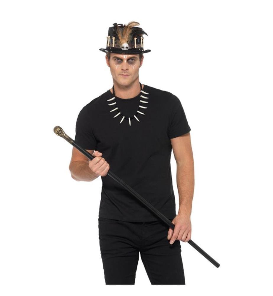 Kit vaudou, avec chapeau haut de forme à plumes, Noir, Canne avec crâne et collier d'os