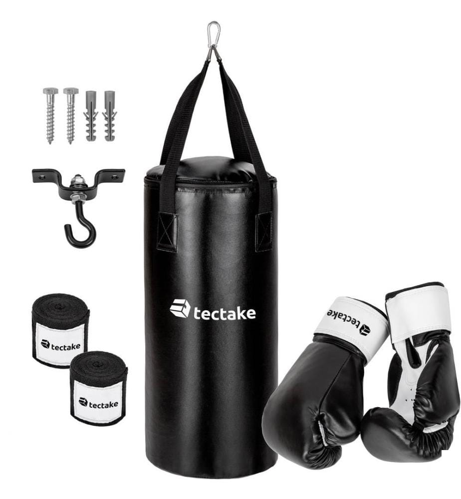 1 Sac de Frappe, 2 Gants de Boxe, 2 Bandages de Protection - noir