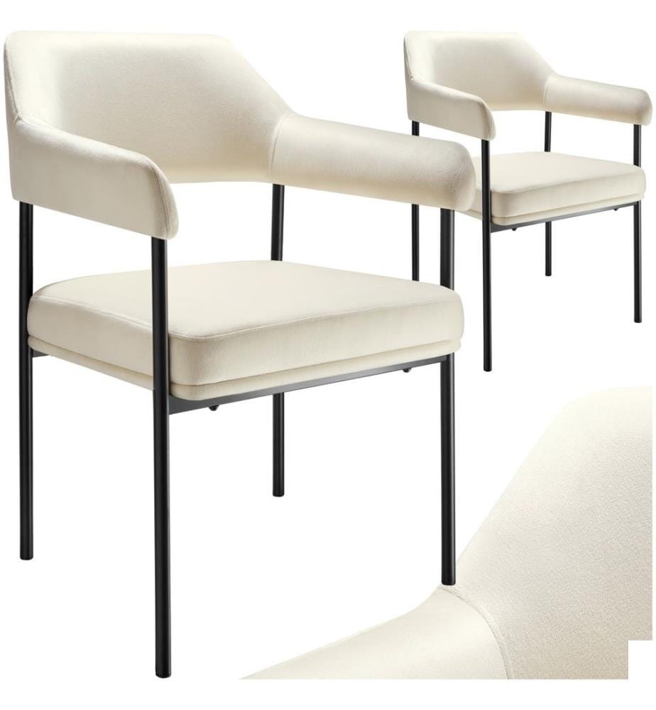 Fauteuil DOÉ rembourré avec pieds en acier - Aspect velours blanc cassé, Lot de 2