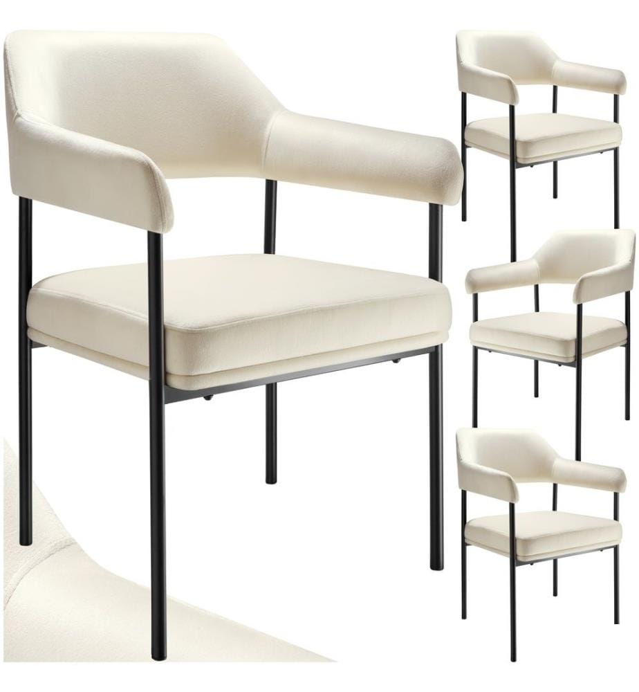 Fauteuil DOÉ rembourré avec pieds en acier - Aspect velours blanc cassé, Lot de 4