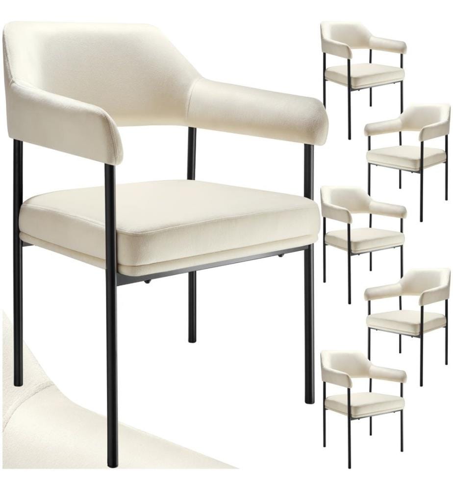 Fauteuil DOÉ rembourré avec pieds en acier - Aspect velours blanc cassé, Lot de 6