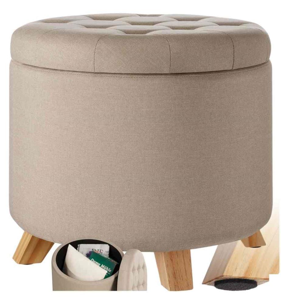 Tabouret avec coffre de rangement aspect lin SUNA capitonné - sable