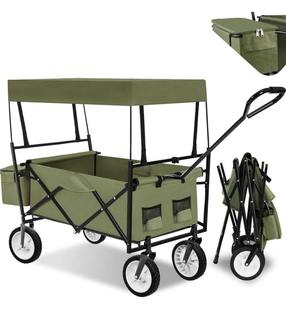 Chariot de jardin pliable 80 kg avec toit sacoche - vert