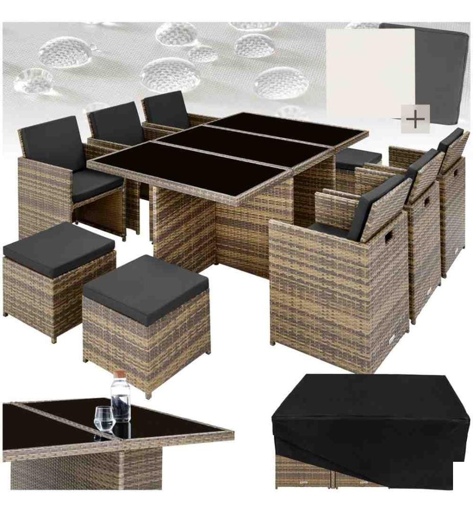 Salon de jardin NEW YORK 10 places avec 2 sets de housses housse de protection, variante 2 - marron naturel