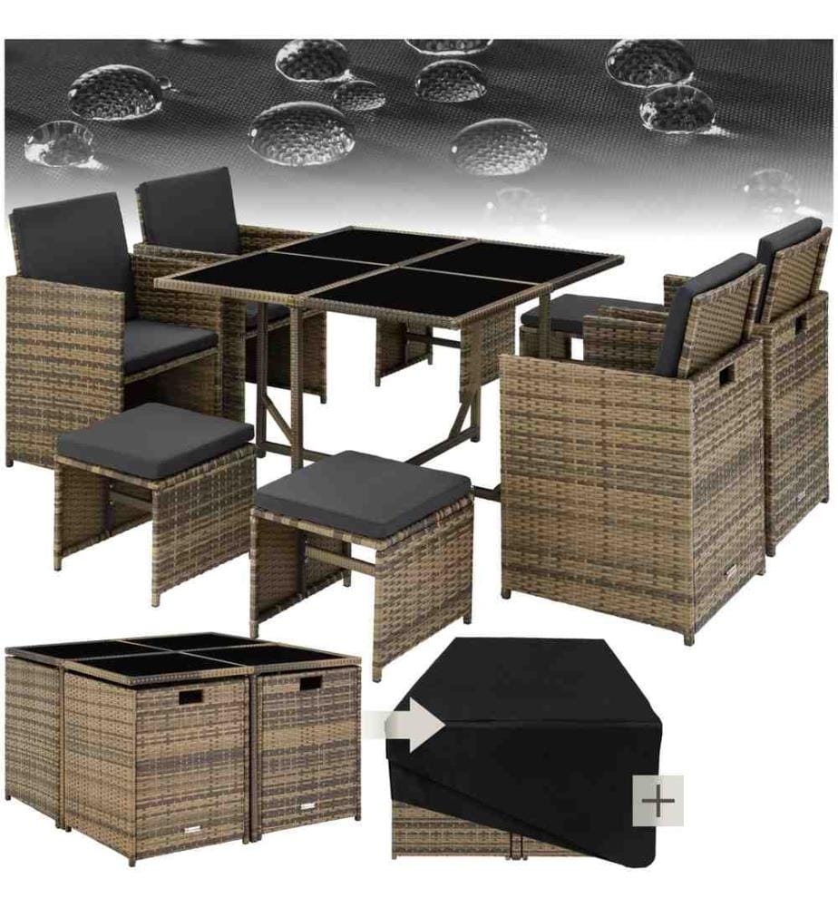 Salon de jardin BILBAO 8 places avec housse de protection - marron naturel
