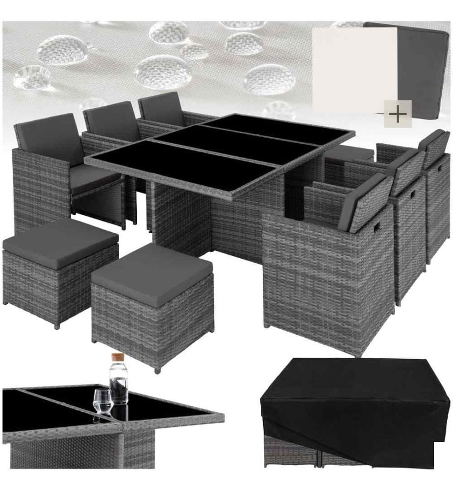 Salon de jardin NEW YORK 10 places avec 2 sets de housses housse de protection, variante 2 - gris