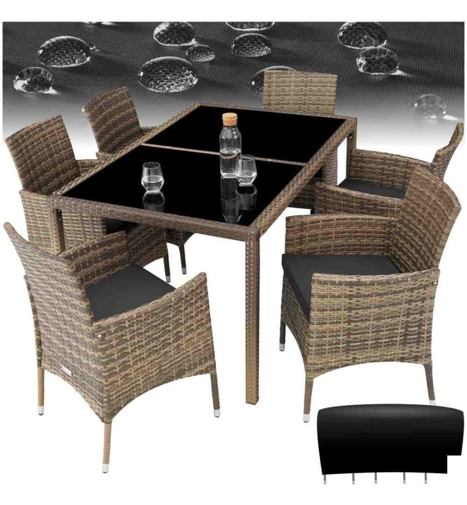 Salon de jardin 6 places avec housse de protection - marron naturelgris foncé