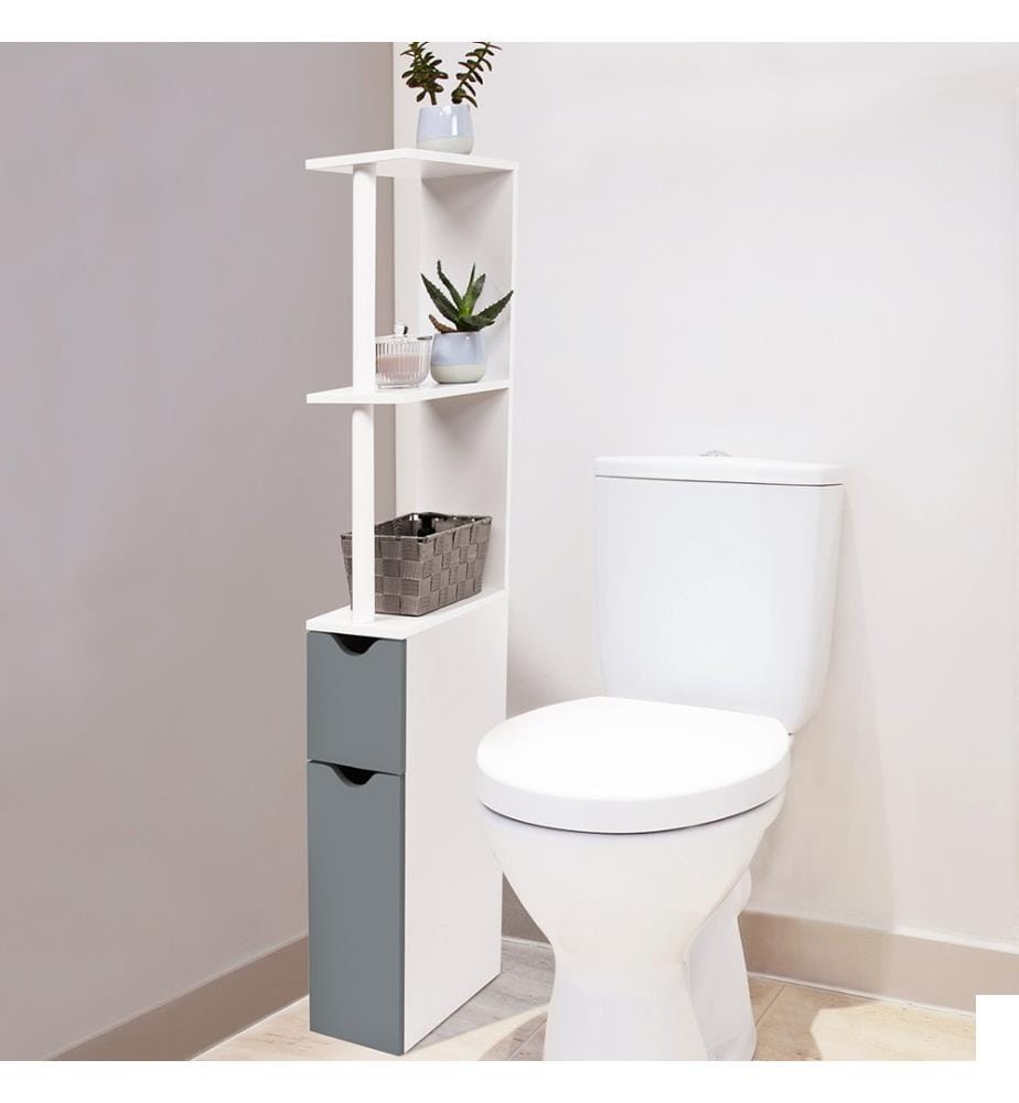 Meuble WC avec Étagères - Blanc + 2 Portes 118cm - Gris