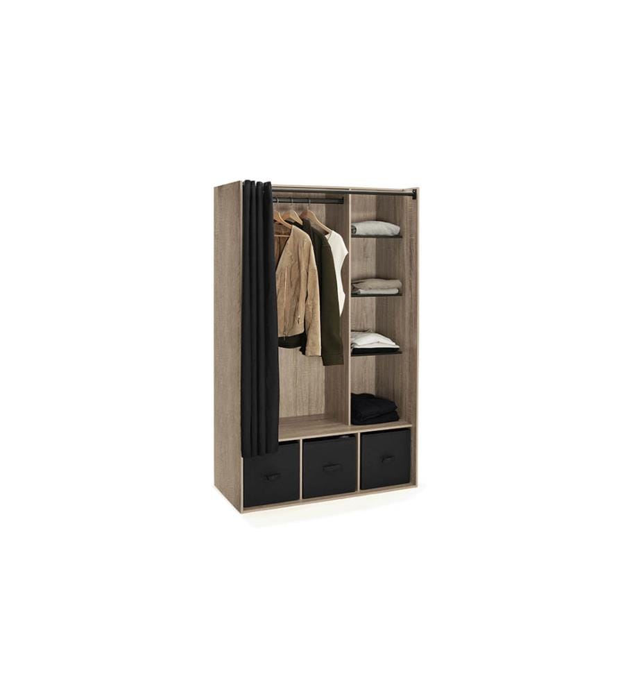 Dressing en Bois avec Etagères et Rideau105x170cm - Noir