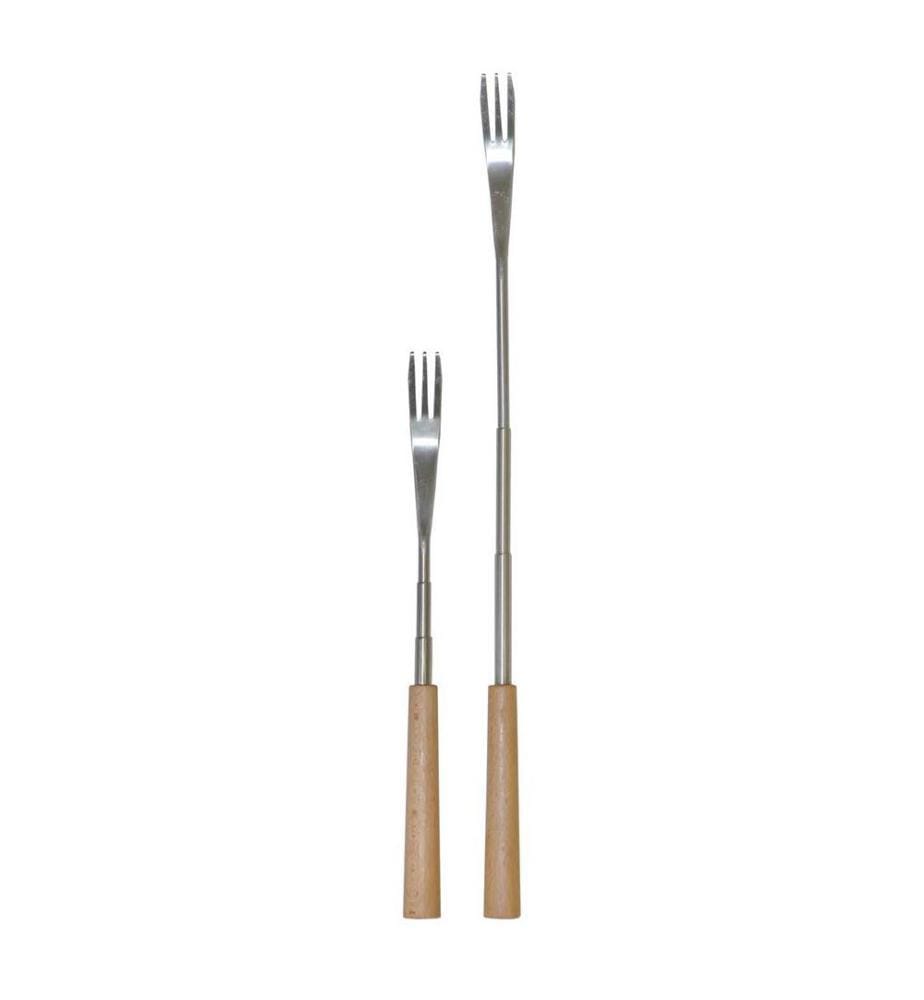 Set de 2 fourchettes télescopiques 3 dents pour la fondue inox 18/0, manche bois