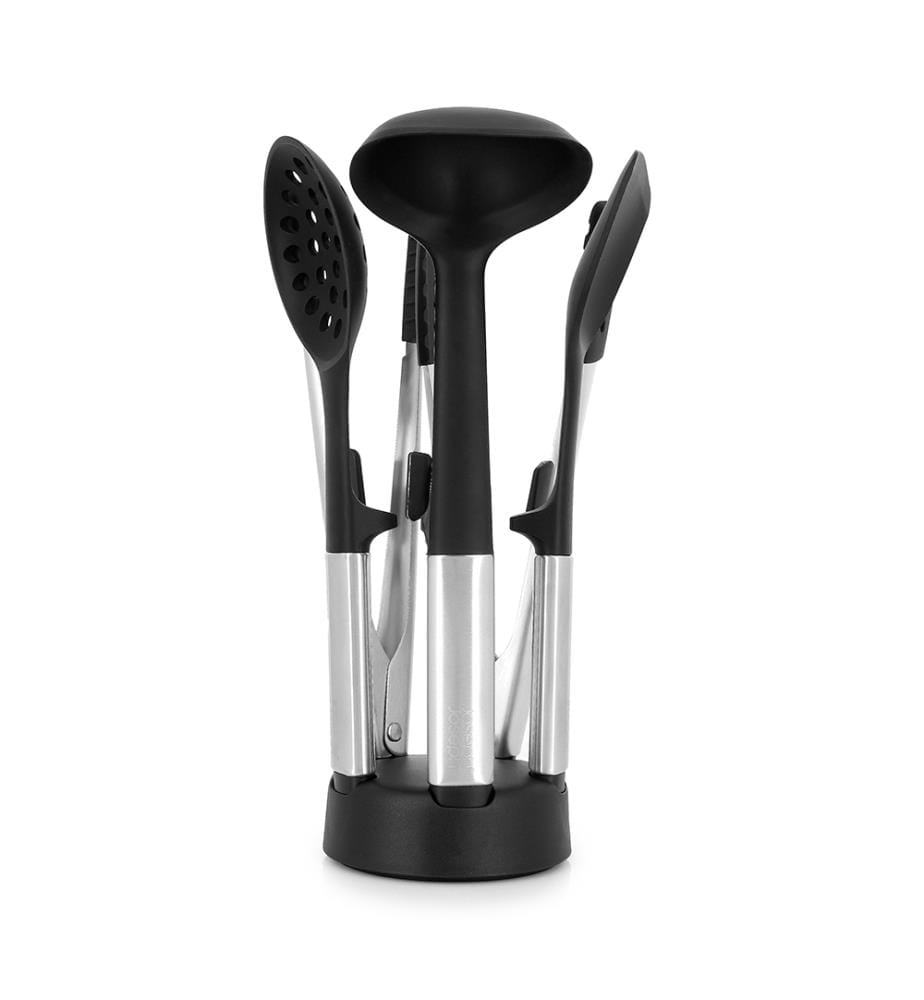 Set d'ustensiles Fusion 5 pièces en acier inoxydable avec support compact - Noir et gris