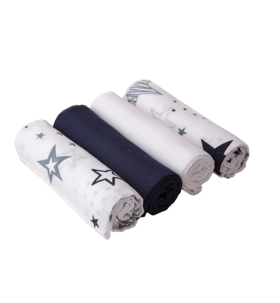 MAKIAN - Serviette en gaze 4-er Set 80 x 80 cm Étoiles de la Marine et étoiles blanches