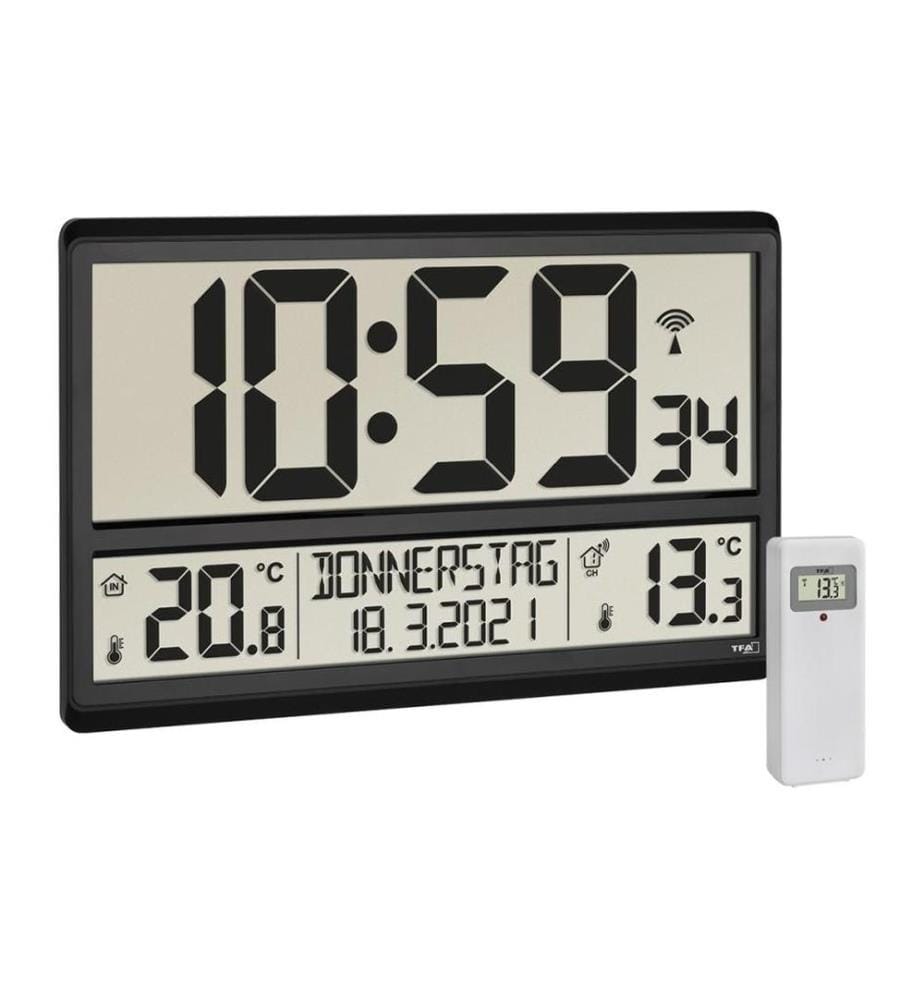 TFA DOSTMANN - Horloge murale radio XL avec température extérieure et intérieure Noir