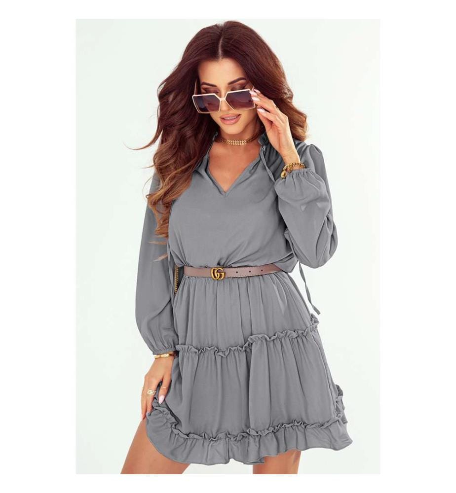 Mini-robe grise à volants et col en V à manches longues - Gris
