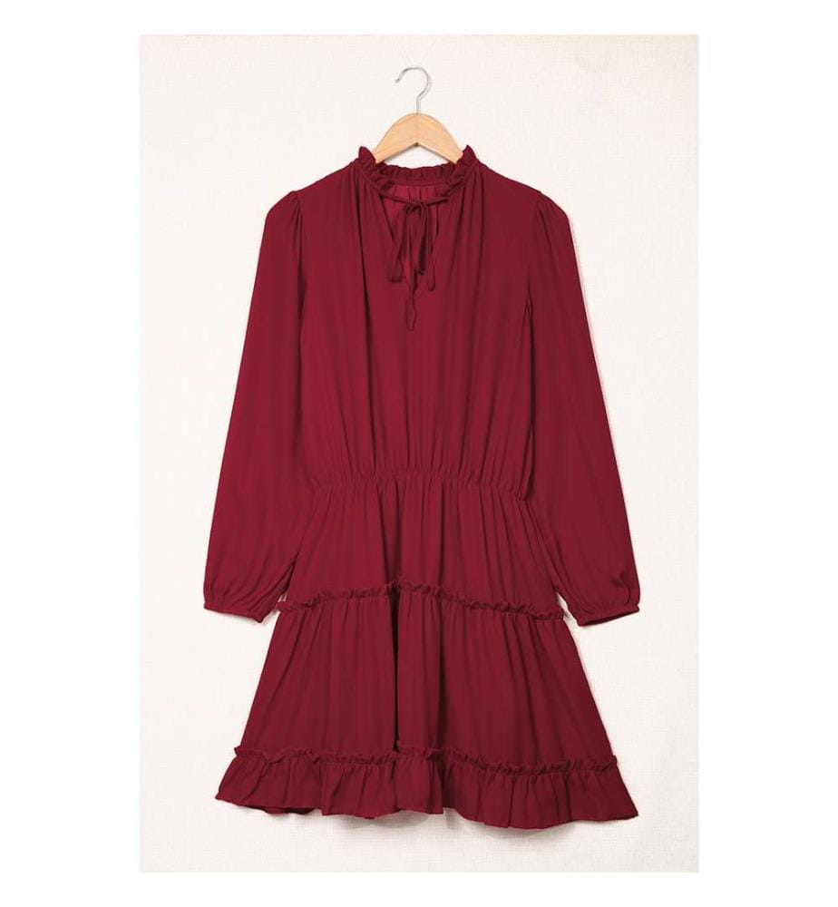 Mini-robe à volants à manches longues et col en V - Rouge vif