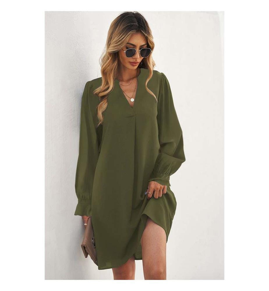 Robe chemise verte fendue à col en V et manches à volants - Vert