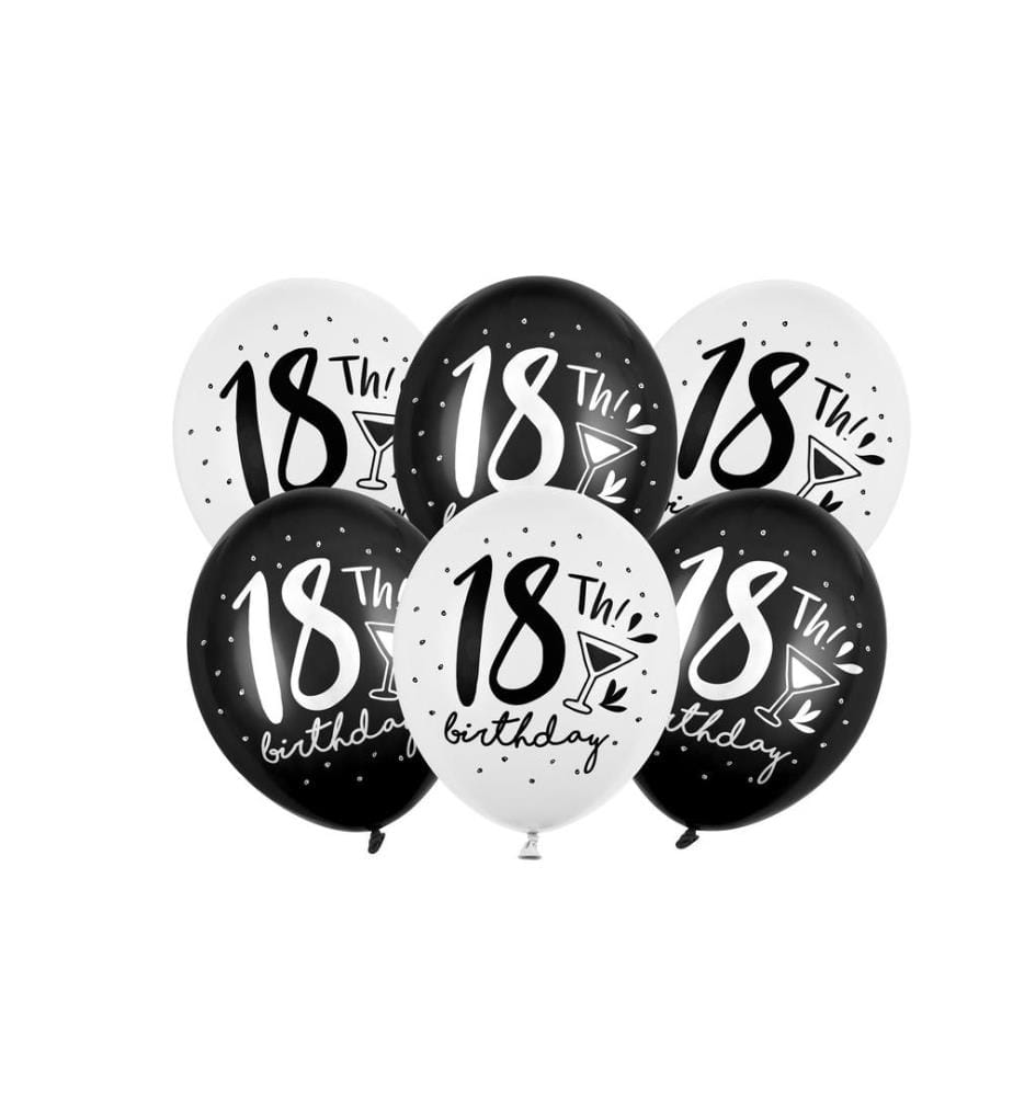 PARTYDECO - Ballon de baudruche 18ème! Anniversaire Noir/Blanc Ø 30 cm, 6 pièces