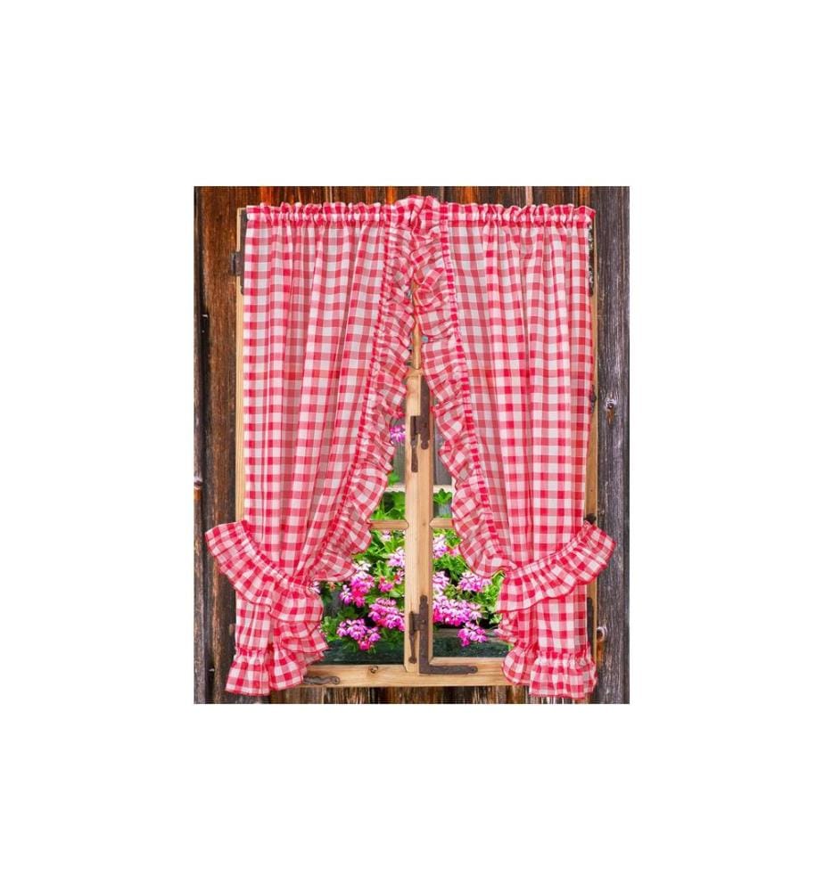 CASA LEON - Rideau ajouré vitrage Volants 95 cm x 130 cm, rouge/blanc