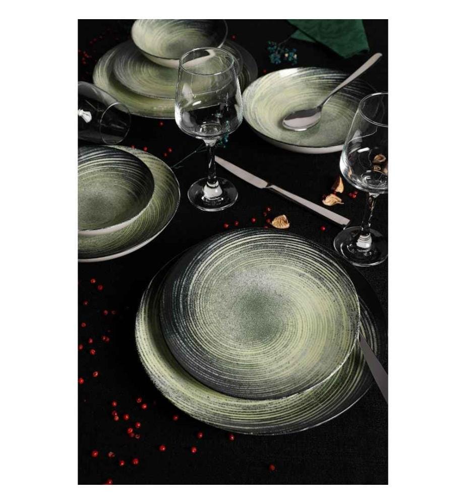 Service de table, 24 pièces, crème vert noir, porcelaine