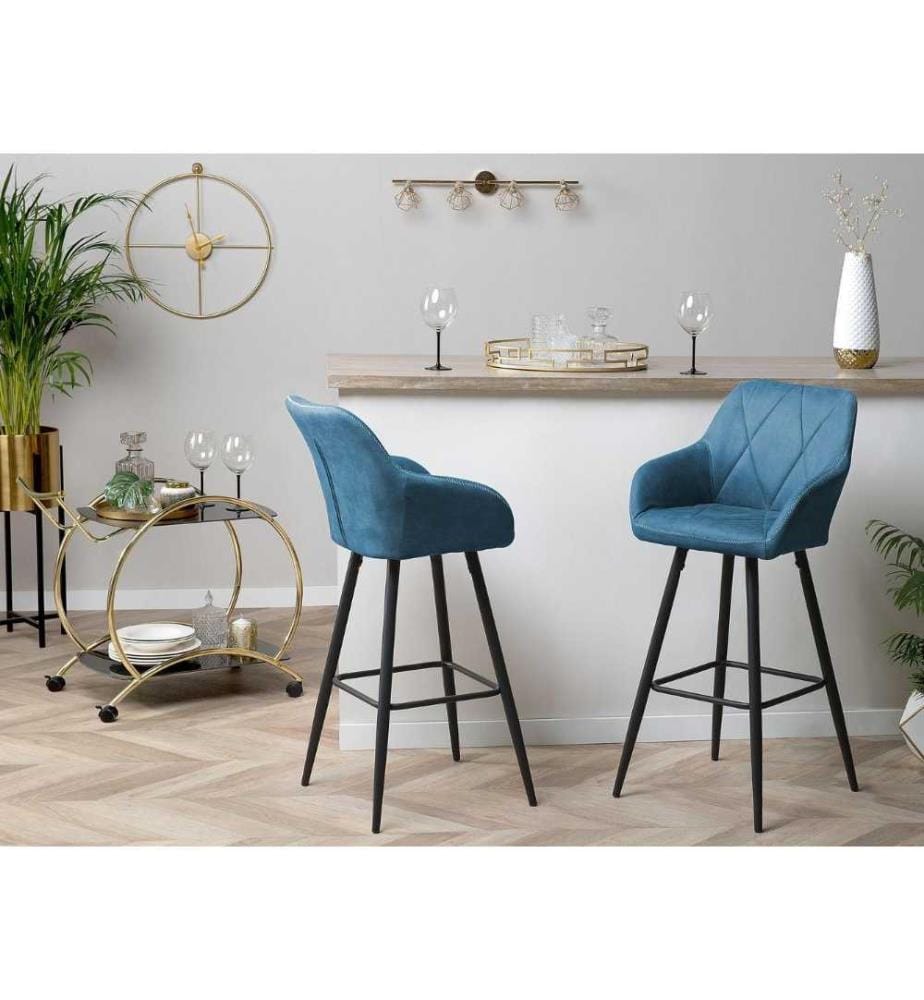 Lot 2 Tabourets Chaises de Bar Tapissés en Tissu Bleu avec Pieds Noirs Design Tendance pour Cuisine ou Salle à Manger Rétro Glamour