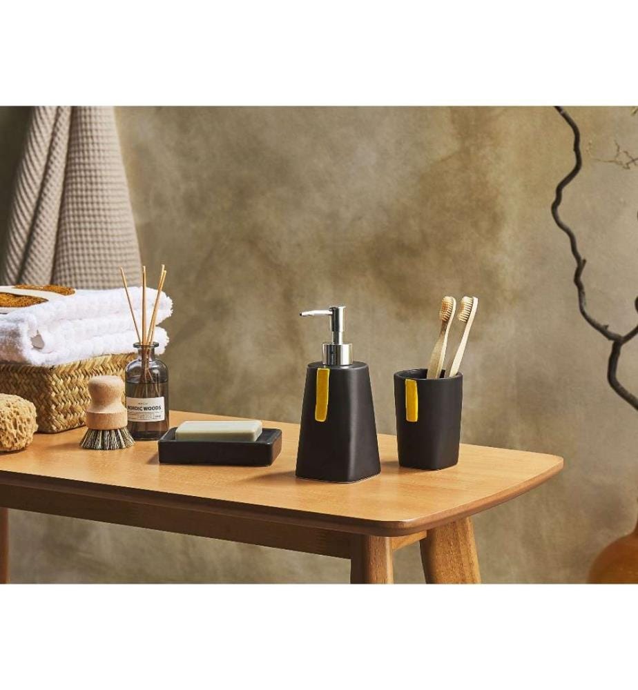 Ensemble d'accessoires de salle de bain 3 pièces noir Dolomite Glam distributeur de savon porte-savon porte-brosse à dents tasse