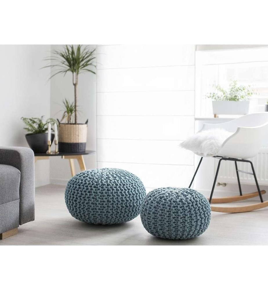 Pouf Rond fabriqué en Tissu Coton Bleu Clair avec Sac à Billes en Polystyrène Inclus 50 x 35 cm pour Salon ou Chambre Moderne