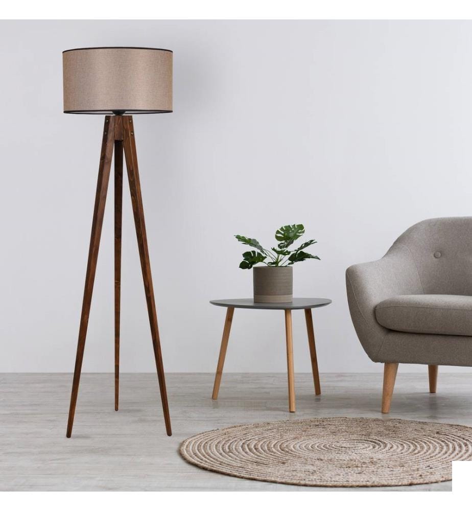 Lampadaire, noyer, corps en bois, capuchon en tissu