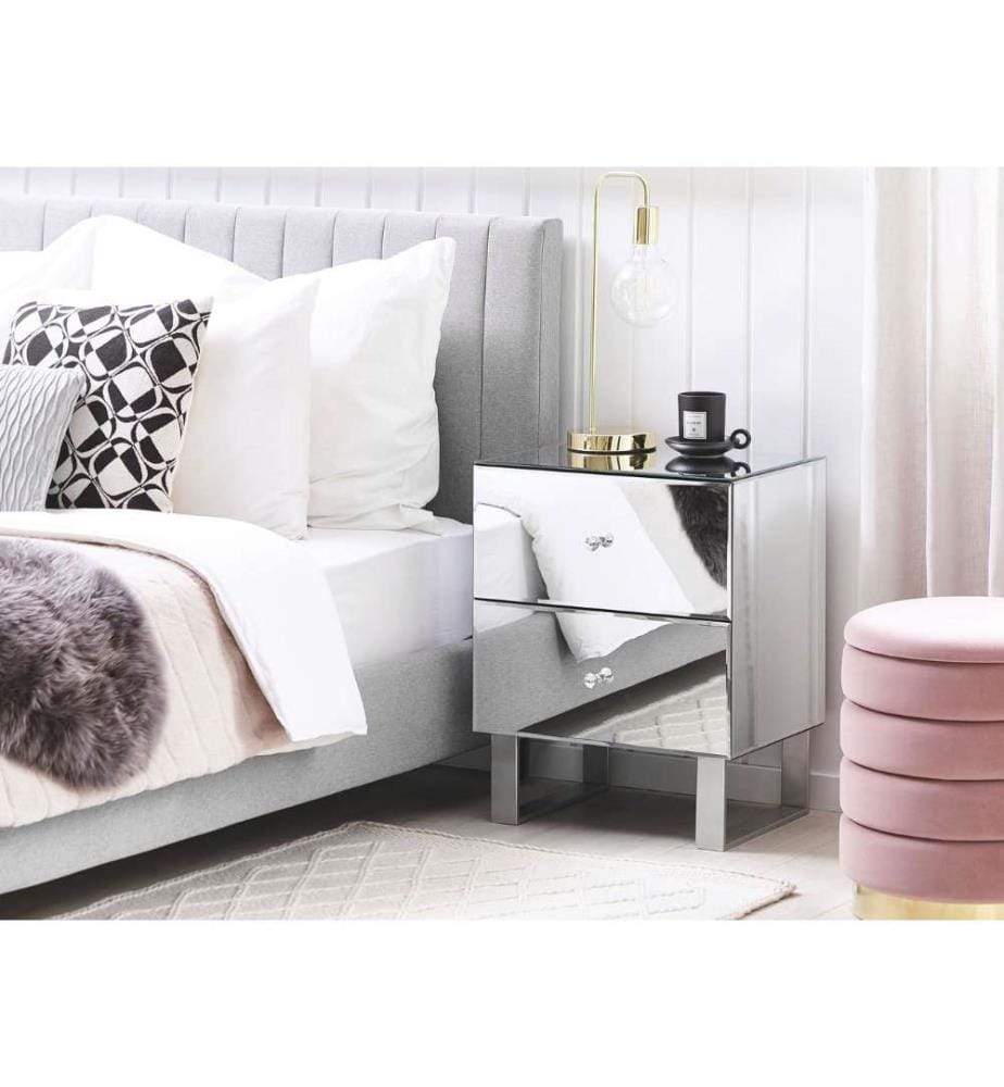 Table de Chevet en Verre Miroiravec 2 Tiroirs Pratiques et Pieds en Métal Idéale pour Chambre au Style Glamour et Moderne