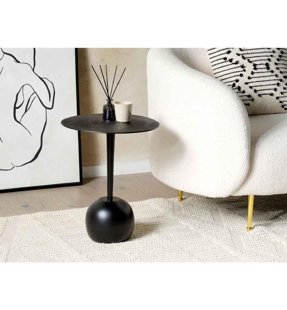 Table d'Appoint Noire en Aluminium 49 x 40 cm à Socle en Boule Pied Fin et Plateau Rond Bout de Canapé Minimaliste et Moderne