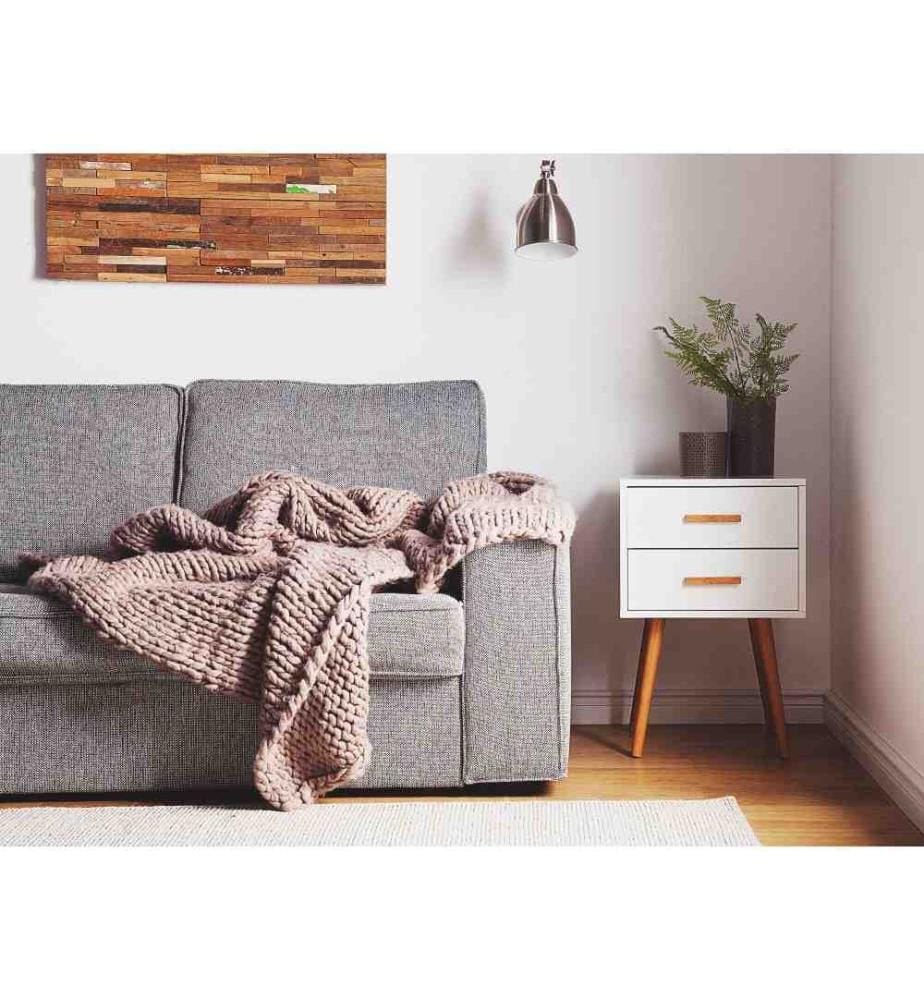Table de Chevet au Style Scandinave conçu en Panneau à Particule Blanc et Pieds en Bois d'Hévéa avec 2 Tiroirs 40 x 40 x 61 cm
