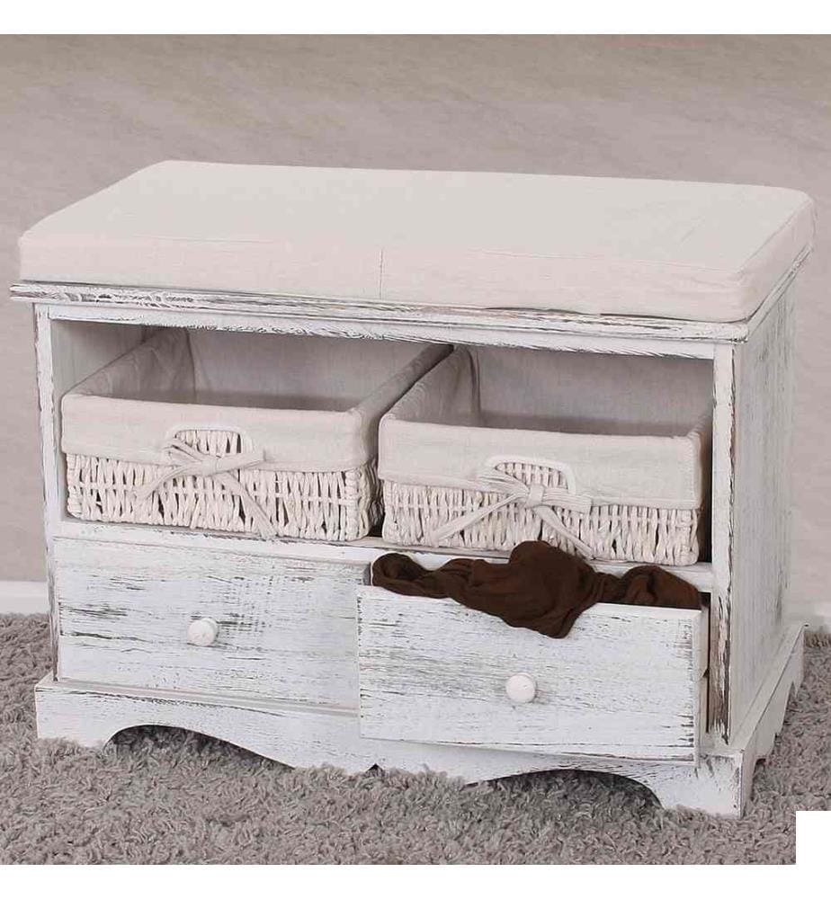 Banc Shabby Co mmode avec 2 paniers Vintage blanc
