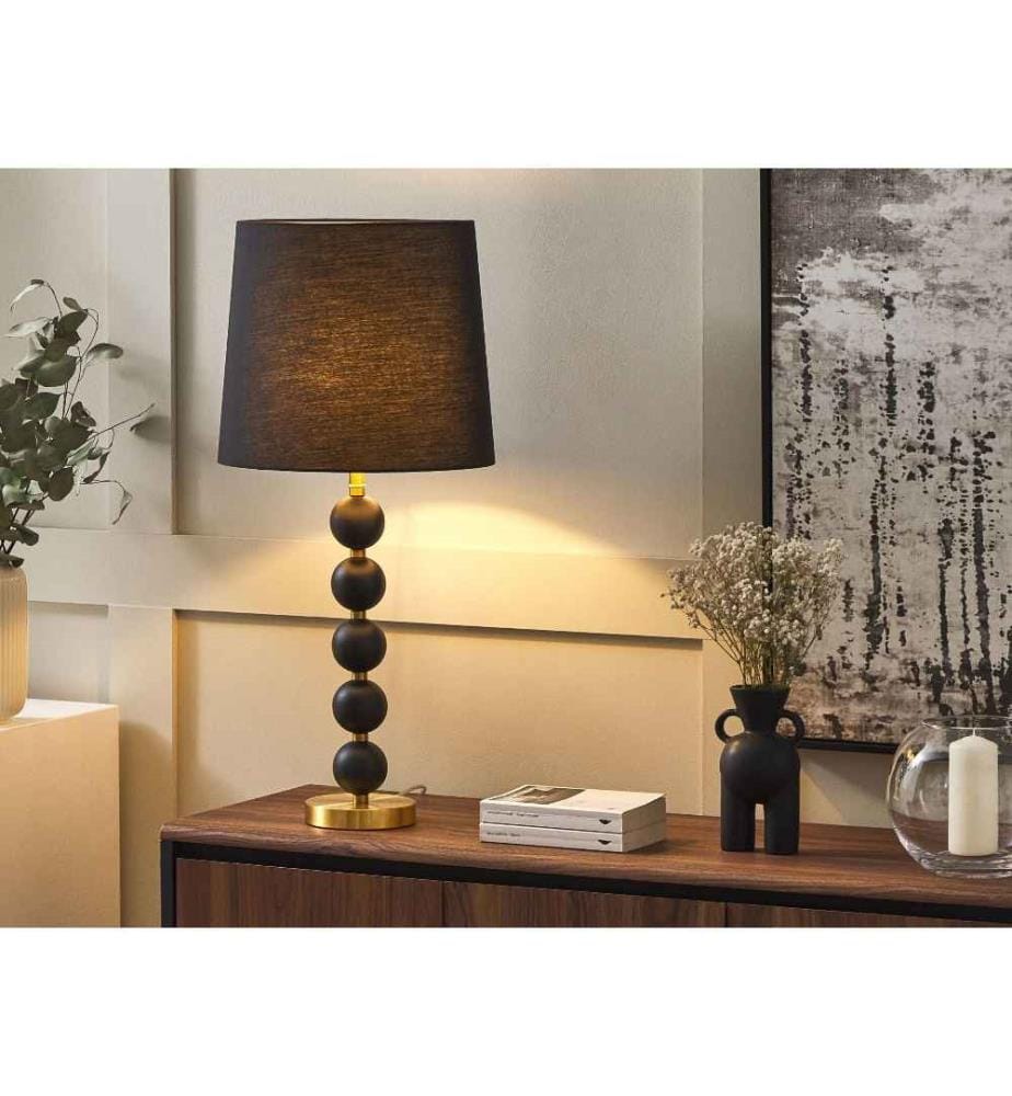 Lampe de Table Pied Décoratif en Métal Noir et Doré avec Abat-jour en Tissu pour Illuminer Salon ou Chambre