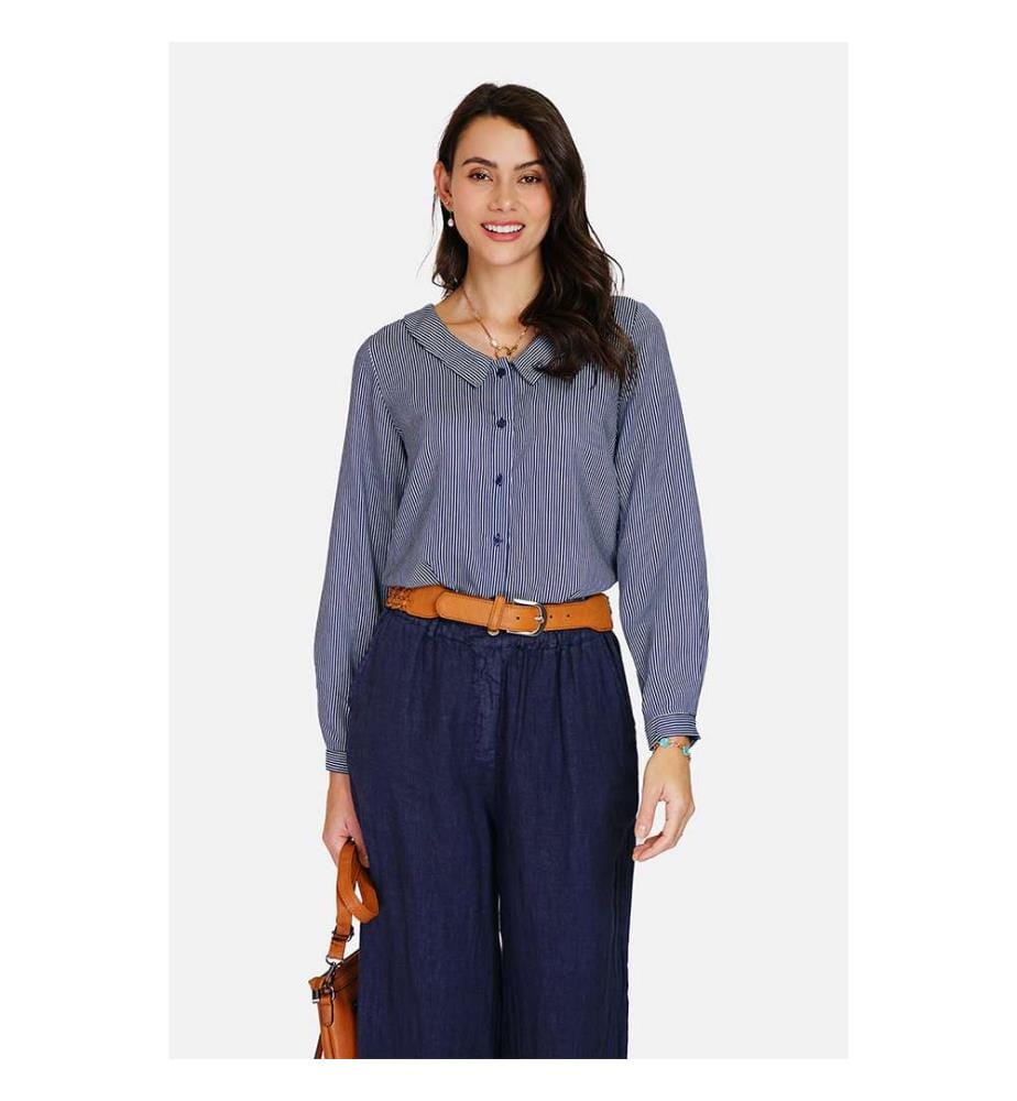 Chemise col V en rayure fine boutonnage devant - Marine