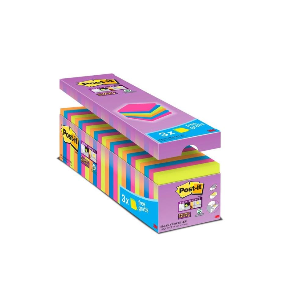 POST-IT - Fiche de bloc-notes POST-IT - Super Sticky 7.6 cm x 7.6 cm. 24 Blöcke