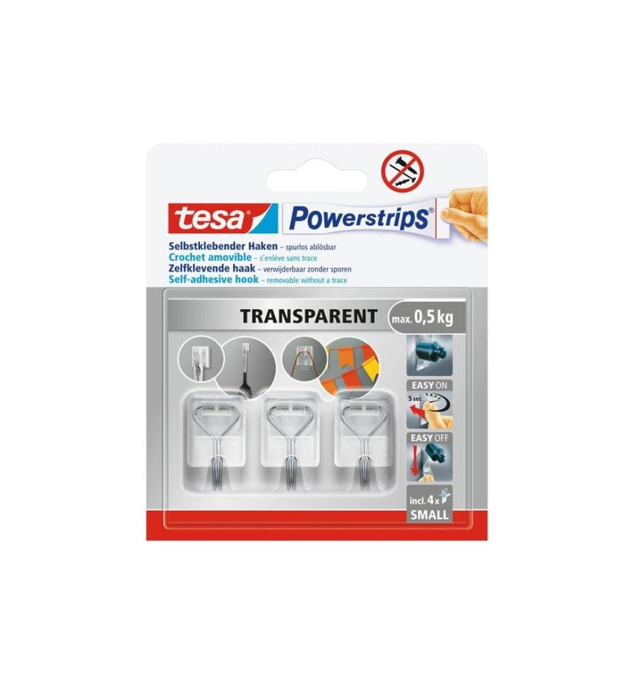 TESA - Crochet adhésif TESA - Powerstrips Crochet Adhésif Mural Small Transparent, 0.5 kg