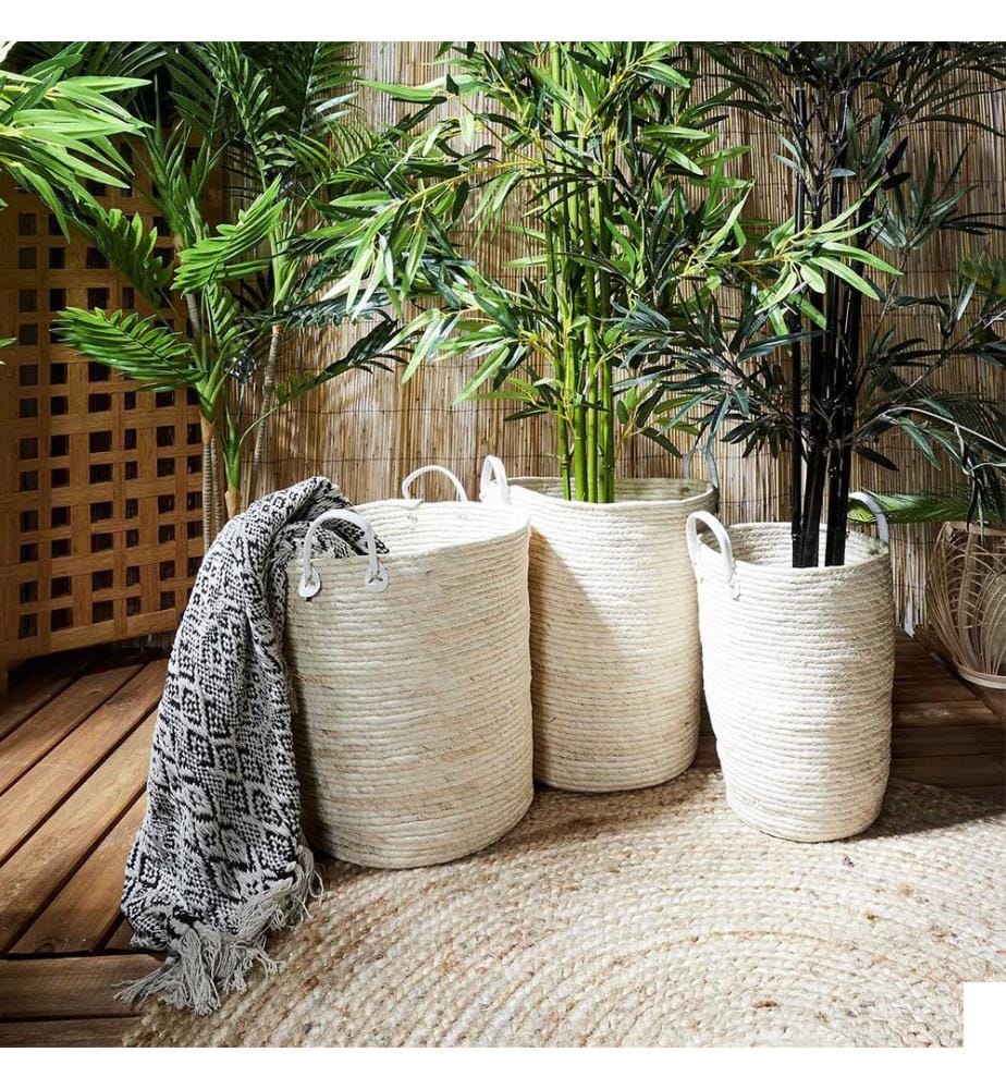 Ensemble de 3 Paniers Déco "tressé" - Naturel & Blanc