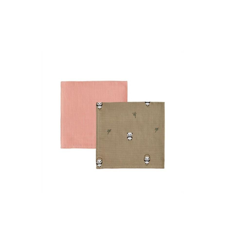 OYOY Serviette en gaze Panda 2 pièces, 70 x 70 cm, Kaki/Rose