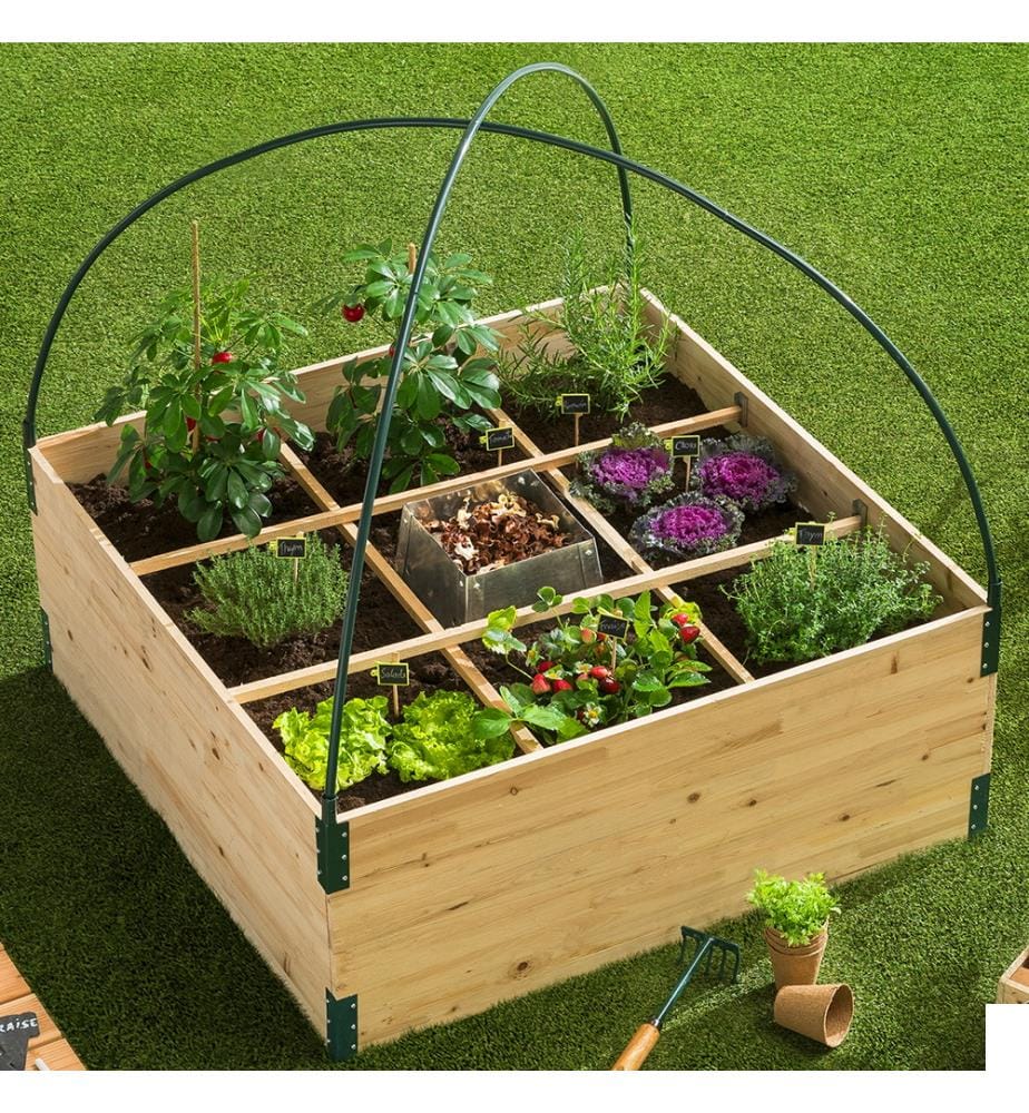 Serre de potager 9 compartiments Aroma en bois avec composteur central integré