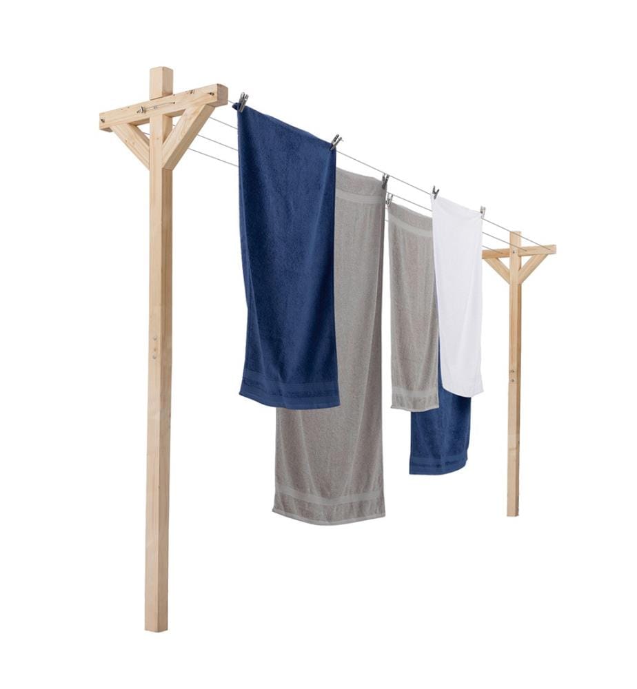 Etendoir à linge extérieur en bois - 12 m d'étendage - Brun