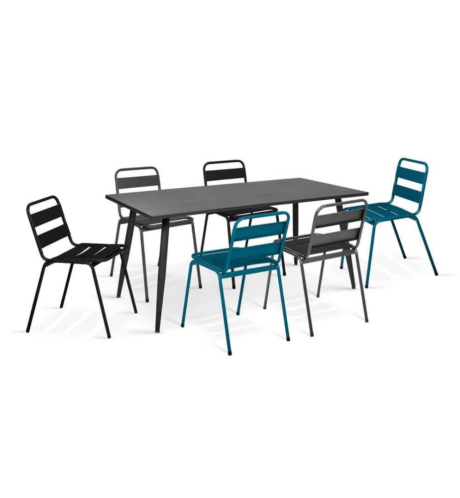 Lot de 6 Chaises de Jardin en acier empilables - Gris et Bleu