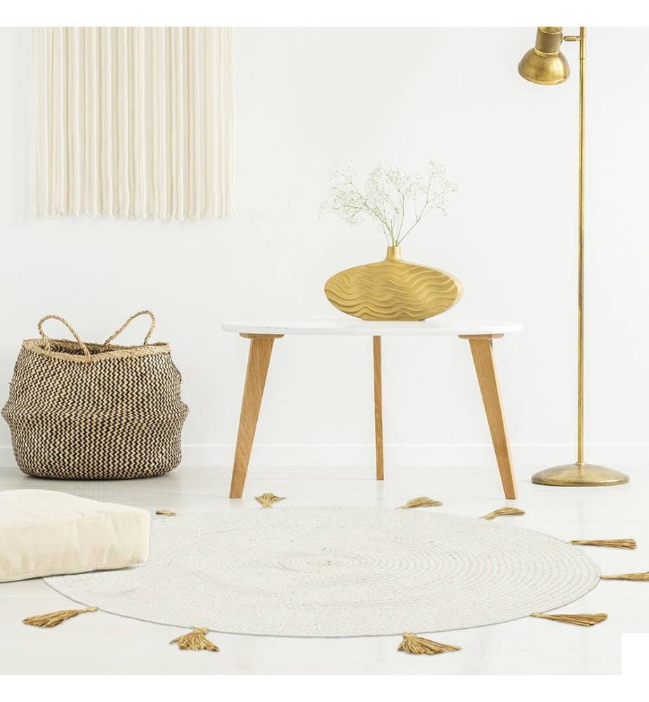 Tapis Rond Coton Pompon Beige 90 cm